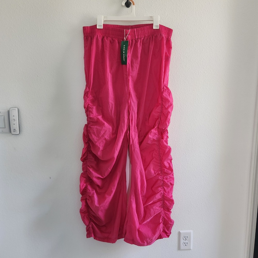 NWT Hot Pink Ruched Parachute Pants Plus Size 2XL Streetwear Nylon Wide Leg